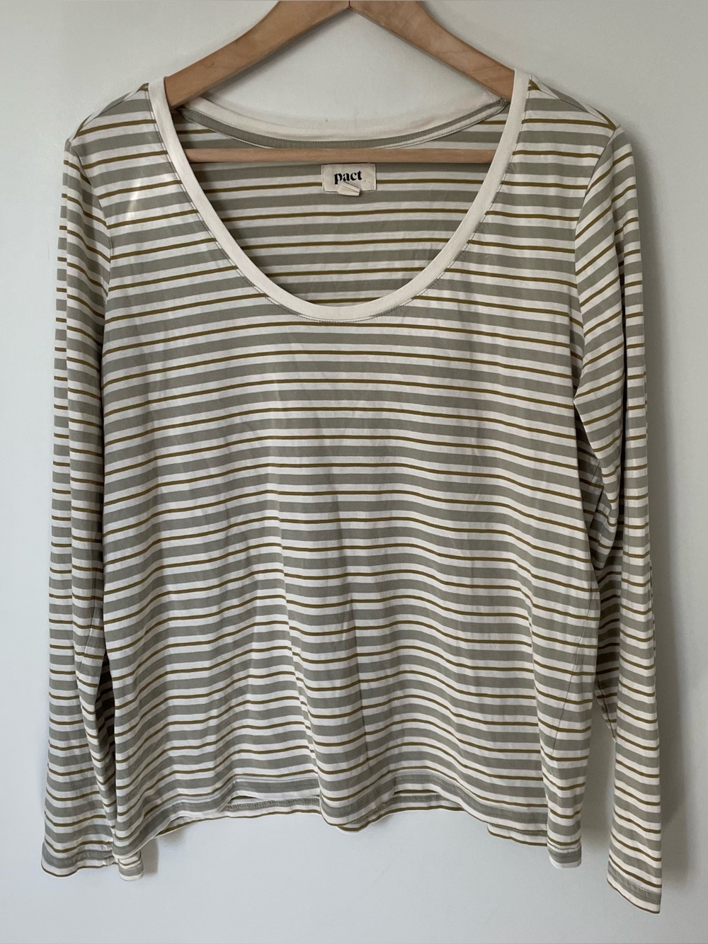 Pact Organic Cotton Softspun Long Sleeve Scoop Neck Tee Green and Brown Stripe L